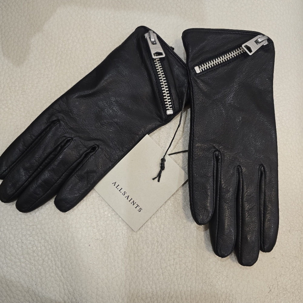 All Saints Geniune Leather Gloves Assymetric Zipper Black Size S - Picture 1 of 5
